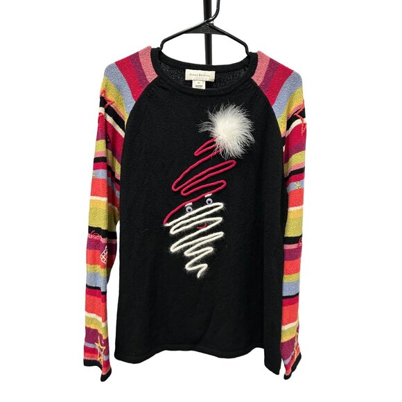 Susan Bristol Sweaters - Susan Bristol XL Festive Santa Knit Sweater Colorful Striped Sleeves Pom Accent